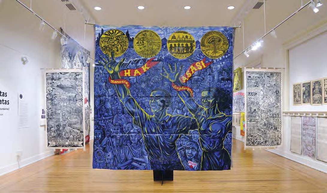 Partial installation view of Taring Padi‘s 'Solidaritas tanpa Batas/Solidarity Without Boundaries' at Marketview Arts, York (2021). Photo: Gregory Staley. Courtesy of York College Galleries.