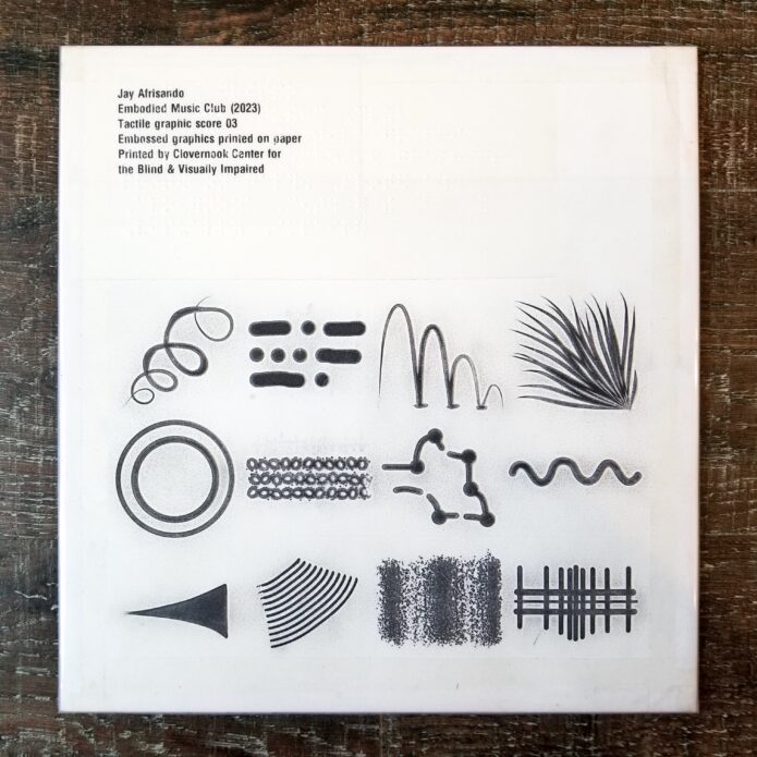 A tactile graphic score from Embodied Music Club, containing 12 sub-images. First row: spiral, heavy short lines and dots, bouncing lines, and an aloe-like shape. Second row: Outer and inner circles, 3-row tiny circles, connected shape of heavy lines and dots, and a wavy line. Third row: a thin-to-heavy curve, a stack of lines, dispersing and clustering grains, and another stack of lines that looks like a fence. Photo credit: Jay Afrisando.