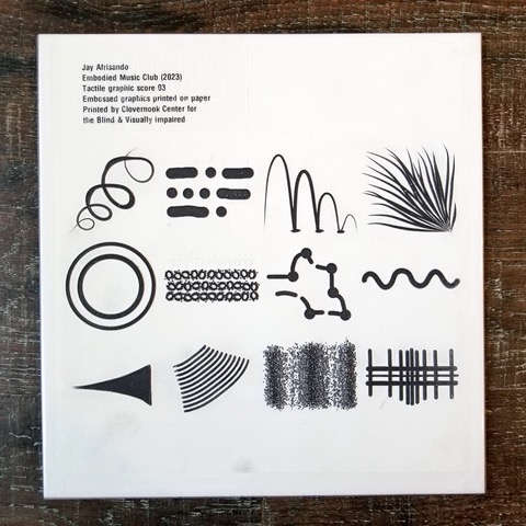 A tactile graphic score containing 12 sub-images. First row: spiral, heavy short lines and dots, bouncing lines, and an aloe-like shape. Second row: Outer and inner circles, 3-row tiny circles, connected shape of heavy lines and dots, and a wavy line. Third row: a thin-to-heavy curve, a stack of lines, dispersing and clustering grains, and another stack of lines that looks like a fence. Photo credit: Jay Afrisando.
