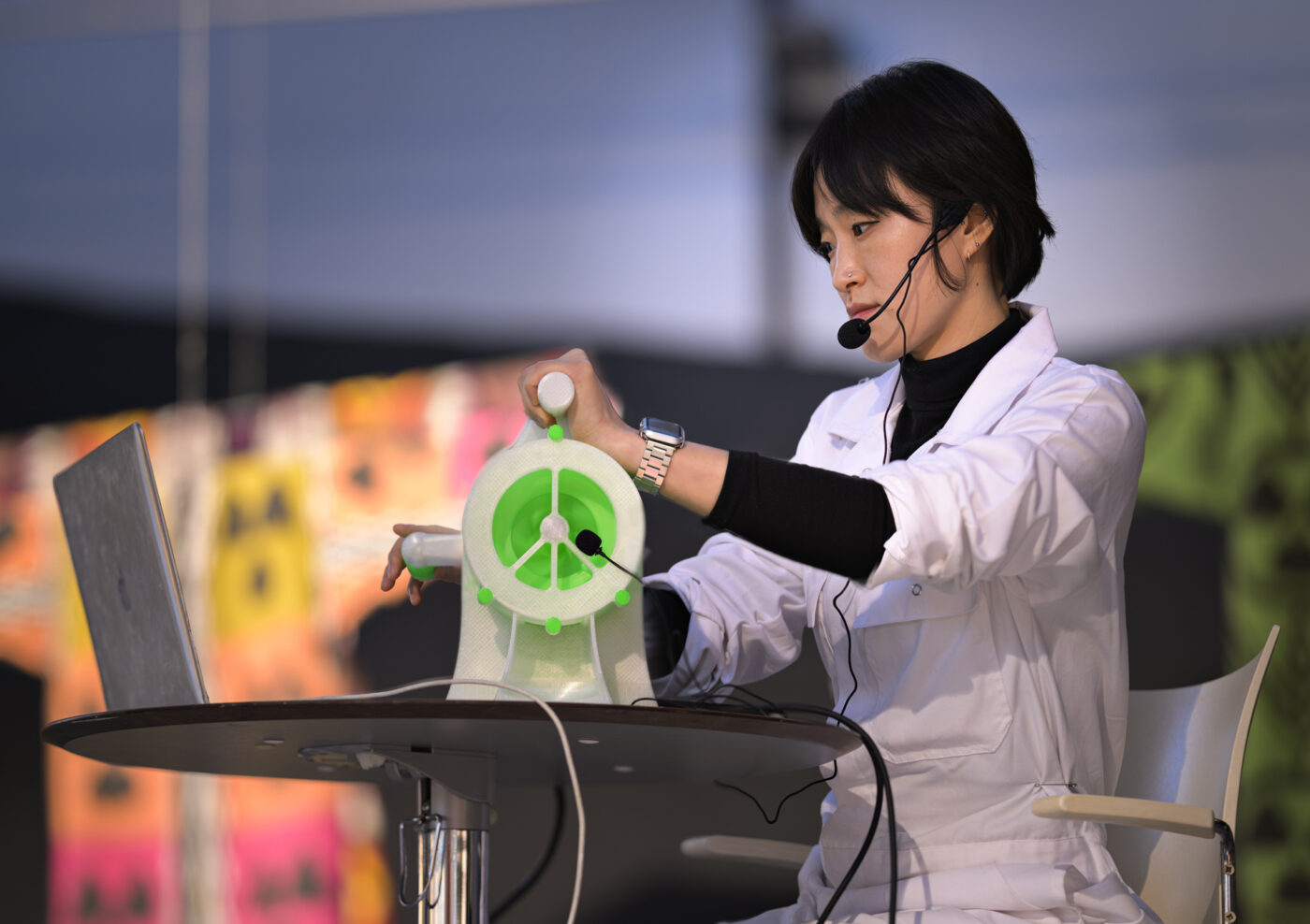 Performance Xiren v.0. by Yeon Sung. Nuclear Histories and Protest Movements during the exhibition Between Fires (2026) curated by Fabienne Rachmadiev at Framer Framed, Amsterdam. Photo: © Pieter Kers / Framer Framed.