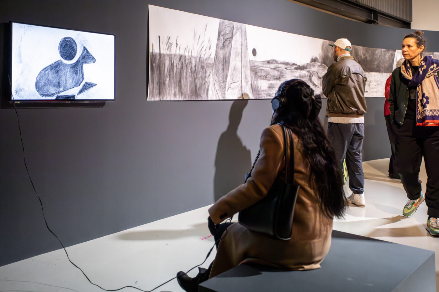 Äsel Kadyrkhanova, Nükte (2026) video and harcoal on paper, in the exhibition Between Fires: Irradiated Imaginations and Anti-Nuclear Solidarities (2026) curated by Fabienne Rachmadiev at Framer Framed, Amsterdam. Presented in collaboration with Sonic Acts. Photo: © Marlise Steeman / Framer Framed.