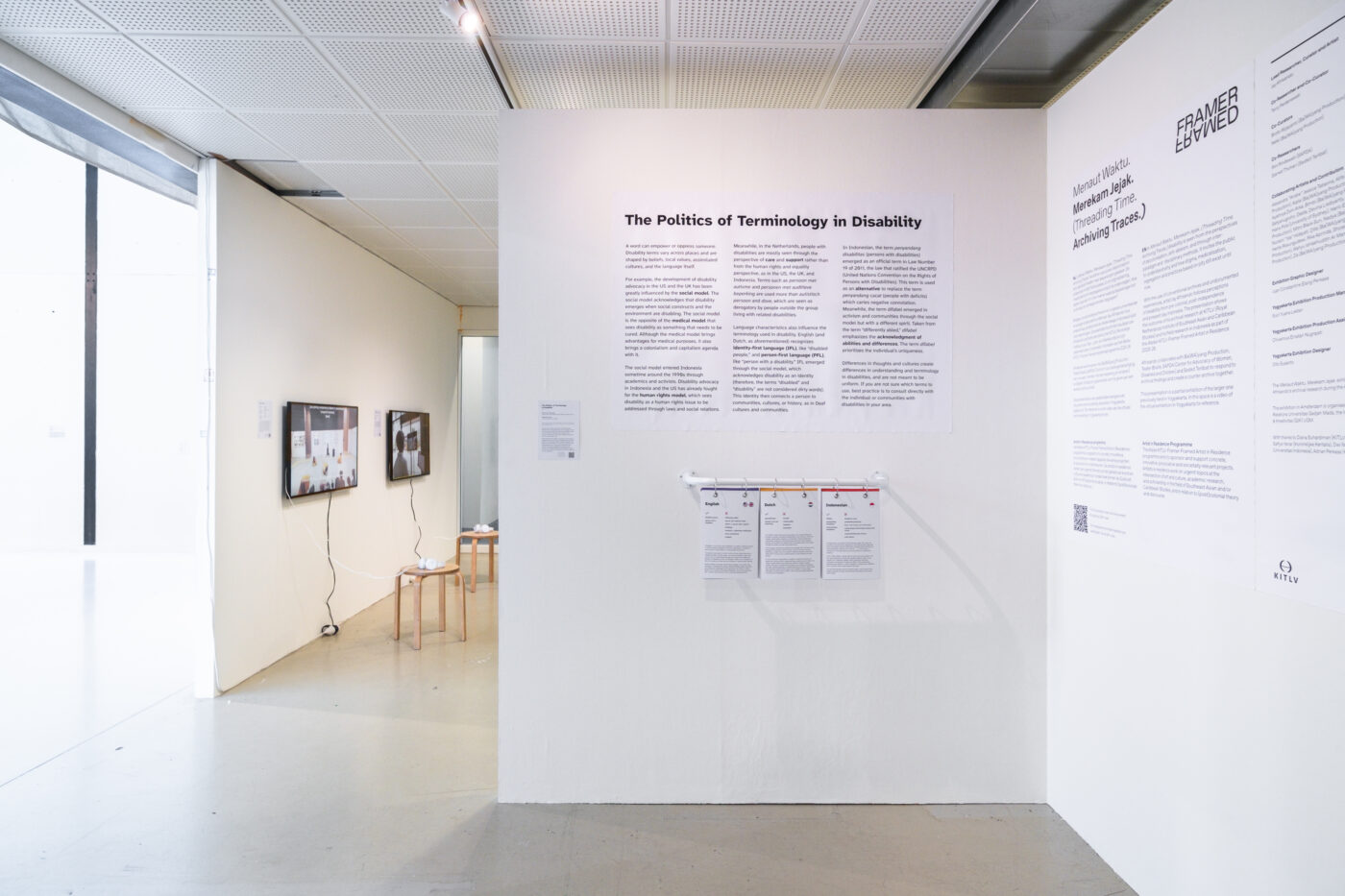 Installation photo from the exhibition Menaut Waktu. Merekam Jejak. (Threading Time. Archiving Traces.) (2026) at Framer Framed, Amsterdam. Photo: © Ben Yau / Framer Framed.
