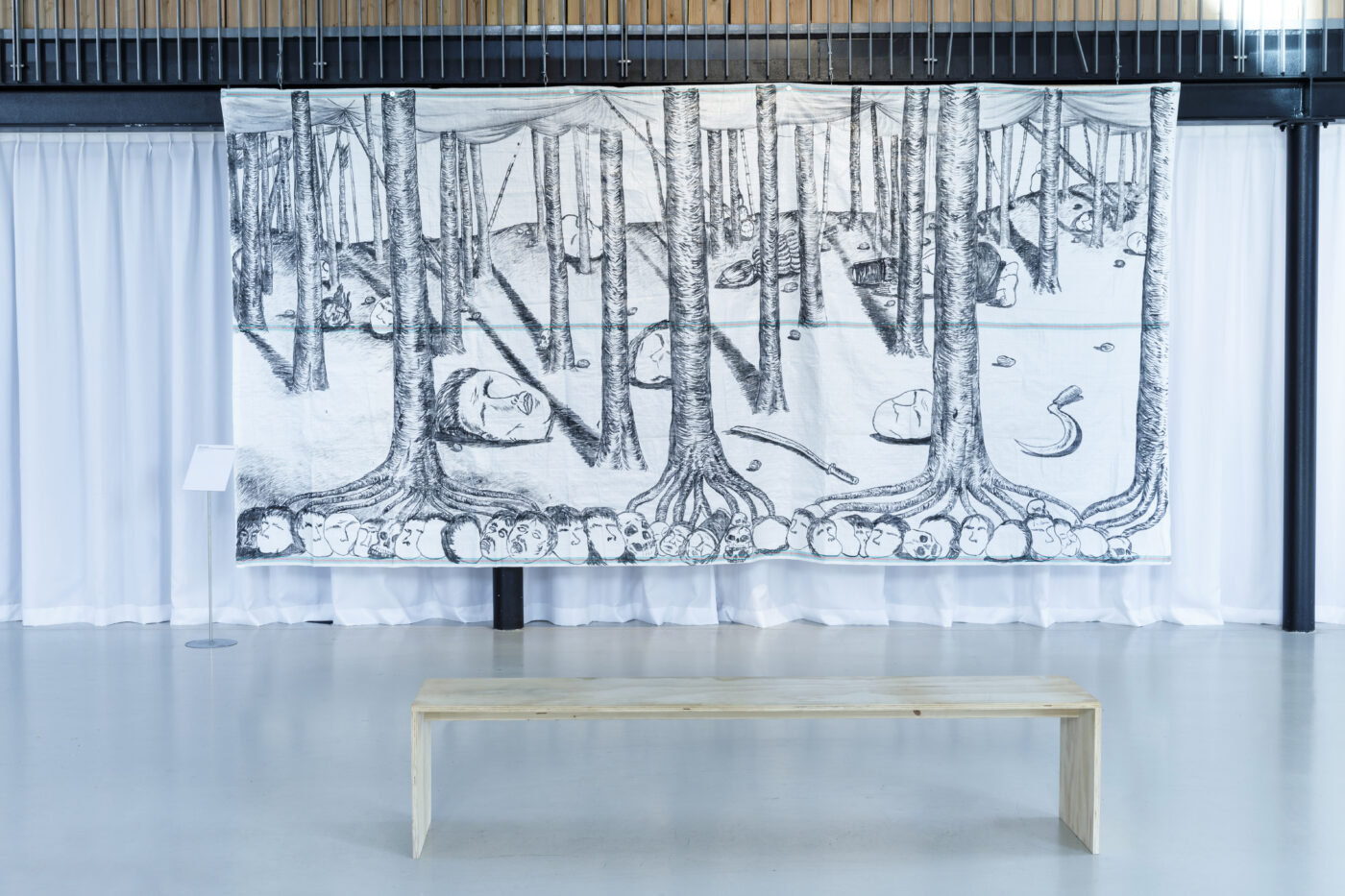 Ipeh Nur, Perken (2019), Acrylic on sacks of rice, 470 x 240 cm. Photo: Eva Broekema / Framer Framed
